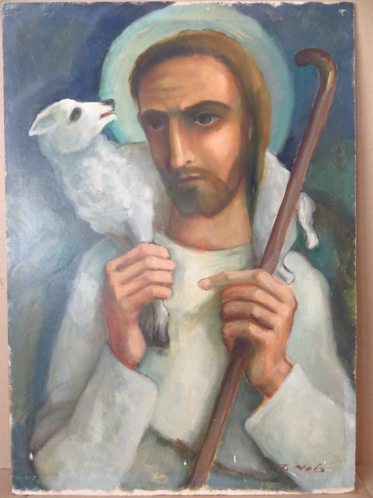 Antiek schilderij Jezus de Goede Herder 41x58cm Arthur Nols, Antiek en Kunst, Ophalen of Verzenden