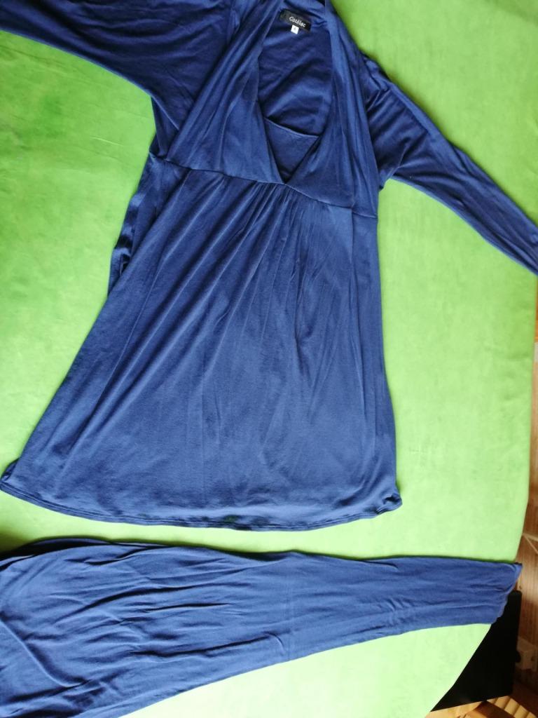 EXCLUSIEVE 90 % KATOENEN BLAUWE JURK + LEGGING, ZEER ELEGAN, COTELAC, Blauw, Maat 42/44 (L), Ophalen of Verzenden