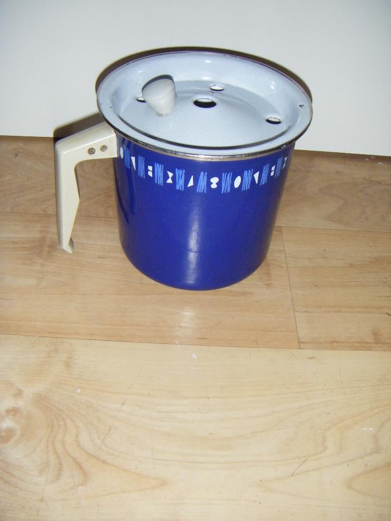 Oude,emaille melkkoker,papkoker,deksel,bakeliet,blauw wit, Antiek en Kunst, Antiek | Email, Ophalen of Verzenden