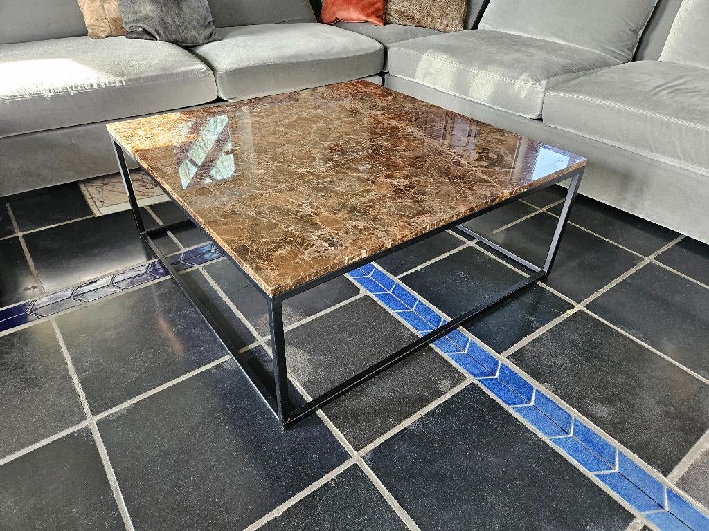Natuurstenen Emperador salontafel 100x100 op metalen frame, Huis en Inrichting, Ophalen, 50 tot 100 cm, Vierkant, Nieuw
