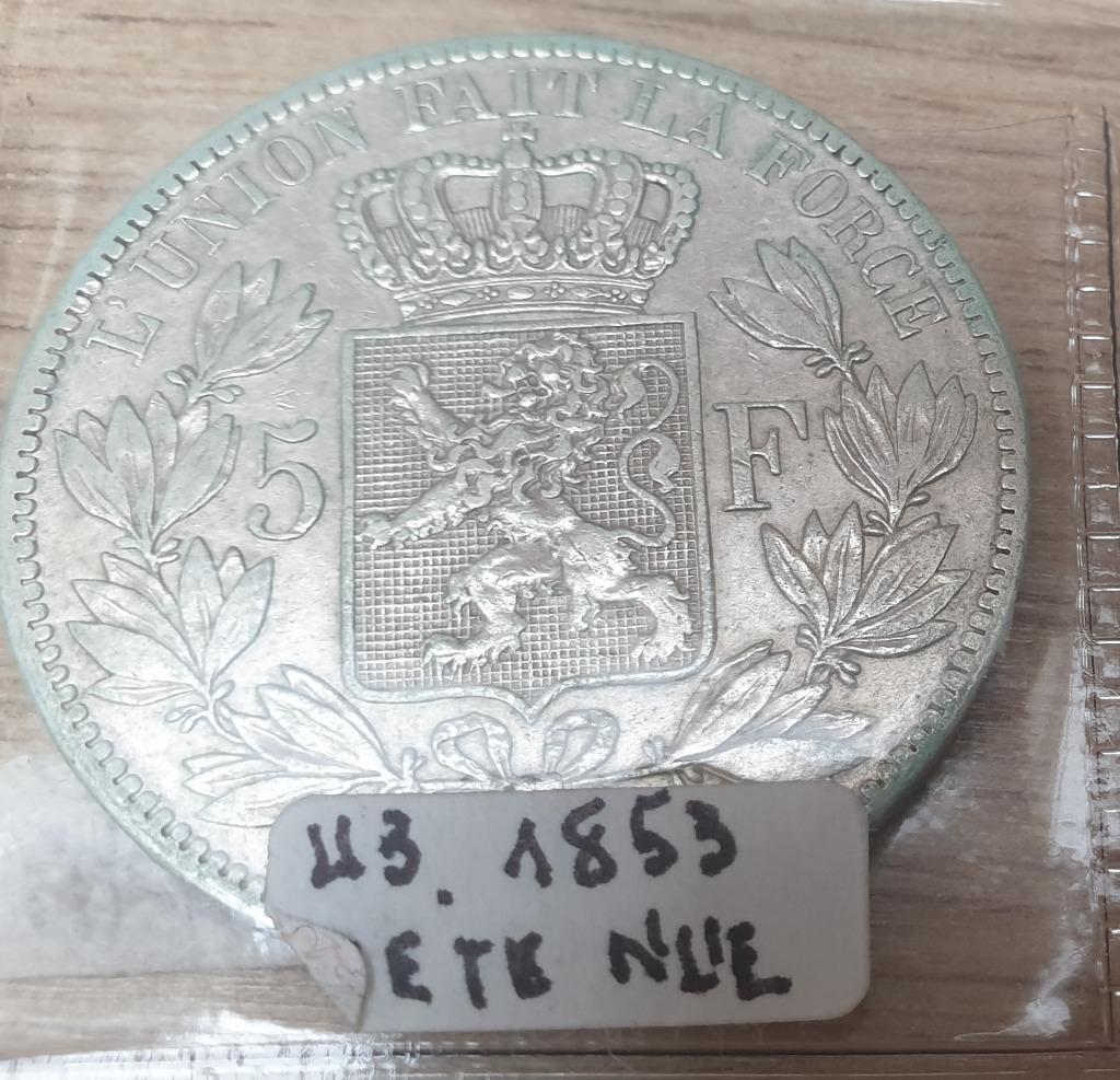 5 francs belge - Léopold Ier tête nue 1853, Enlèvement ou Envoi, Argent