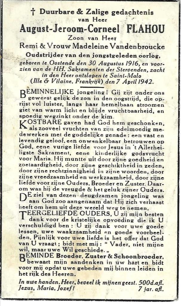RP August-Jeroom Flahou overleden Saint-Malo 07/04/1942, Ophalen of Verzenden