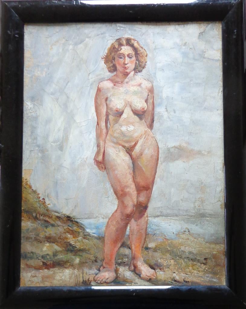 ONBEKEND / STAANDE NAAKTE VROUW / OLIEVERF / 58x46cm / KADER, Antiquités & Art, Enlèvement ou Envoi