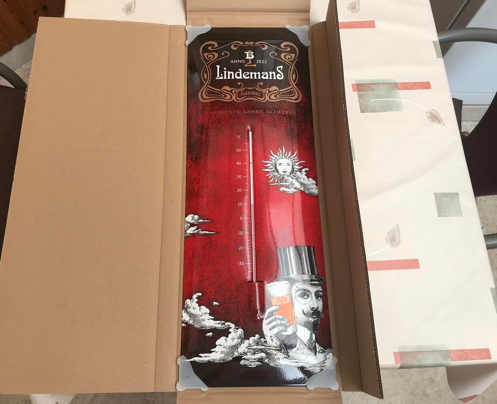 Lindemans emaille thermometer/ reclamebord, nieuw, Verzamelen, Ophalen of Verzenden, Nieuw, Reclamebord, Plaat of Schild