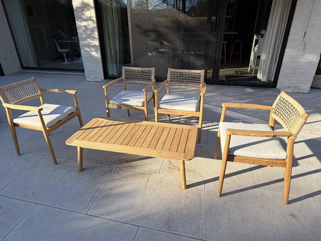 Jati Kebon - 4 stoelen en bijzettafel, Jardin & Terrasse, Enlèvement, Neuf, Bois, Empilable
