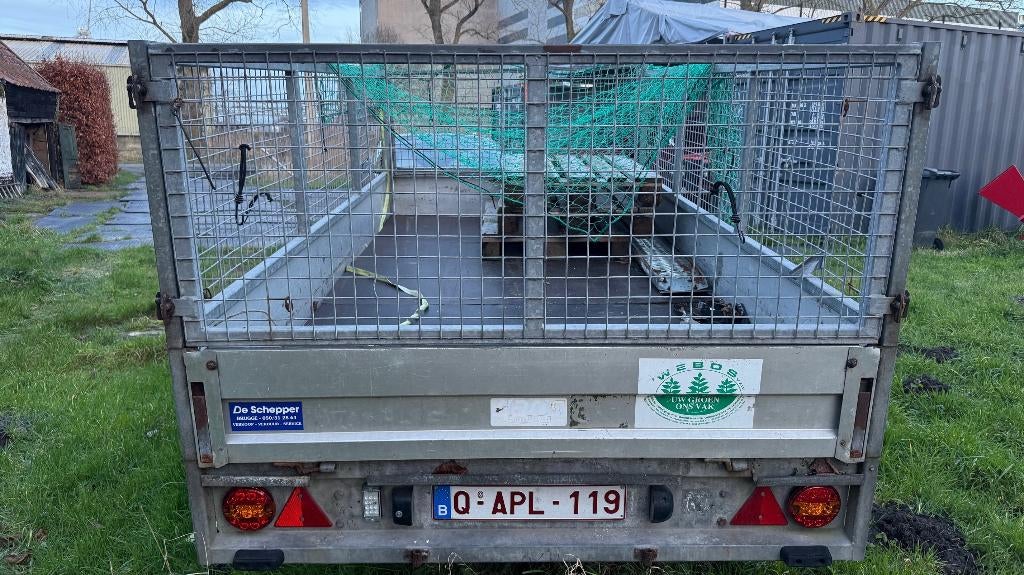 dubbelas plateau aanhangwagen met loofrekken, Ophalen, Gebruikt