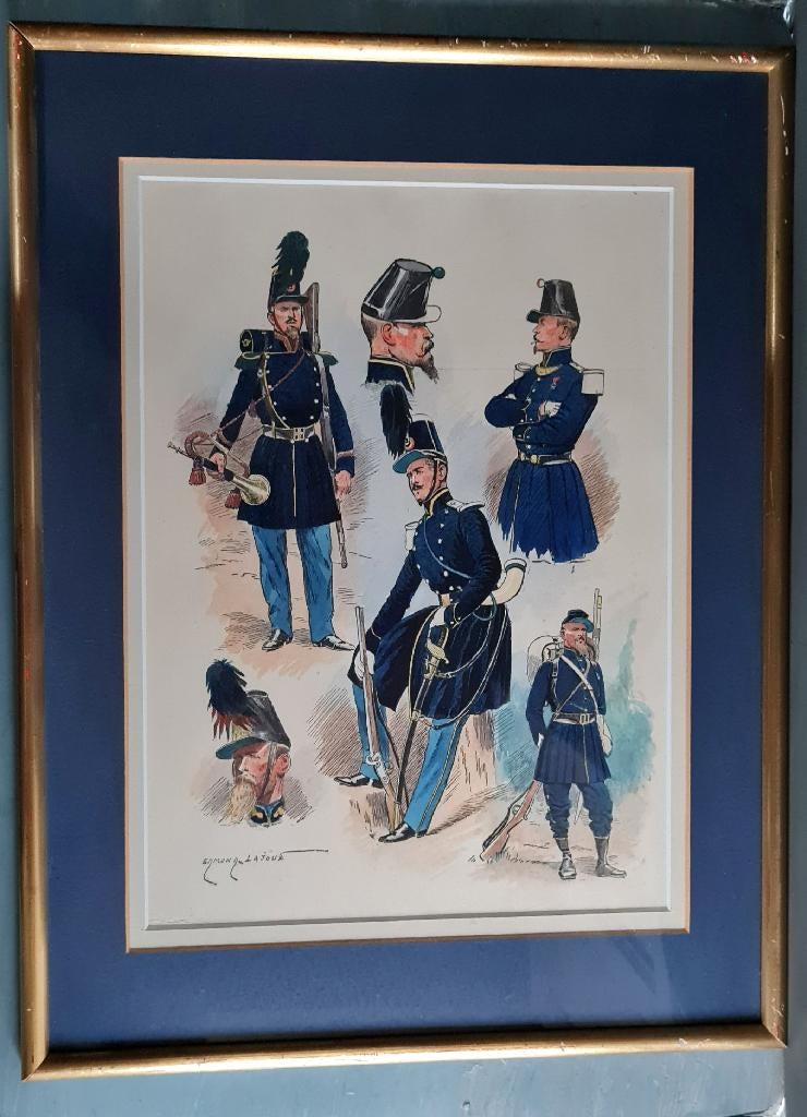 Lithographie Edmond Lajoux costumes d'infanterie militaire, Enlèvement ou Envoi, Armée de terre, Objet d'art