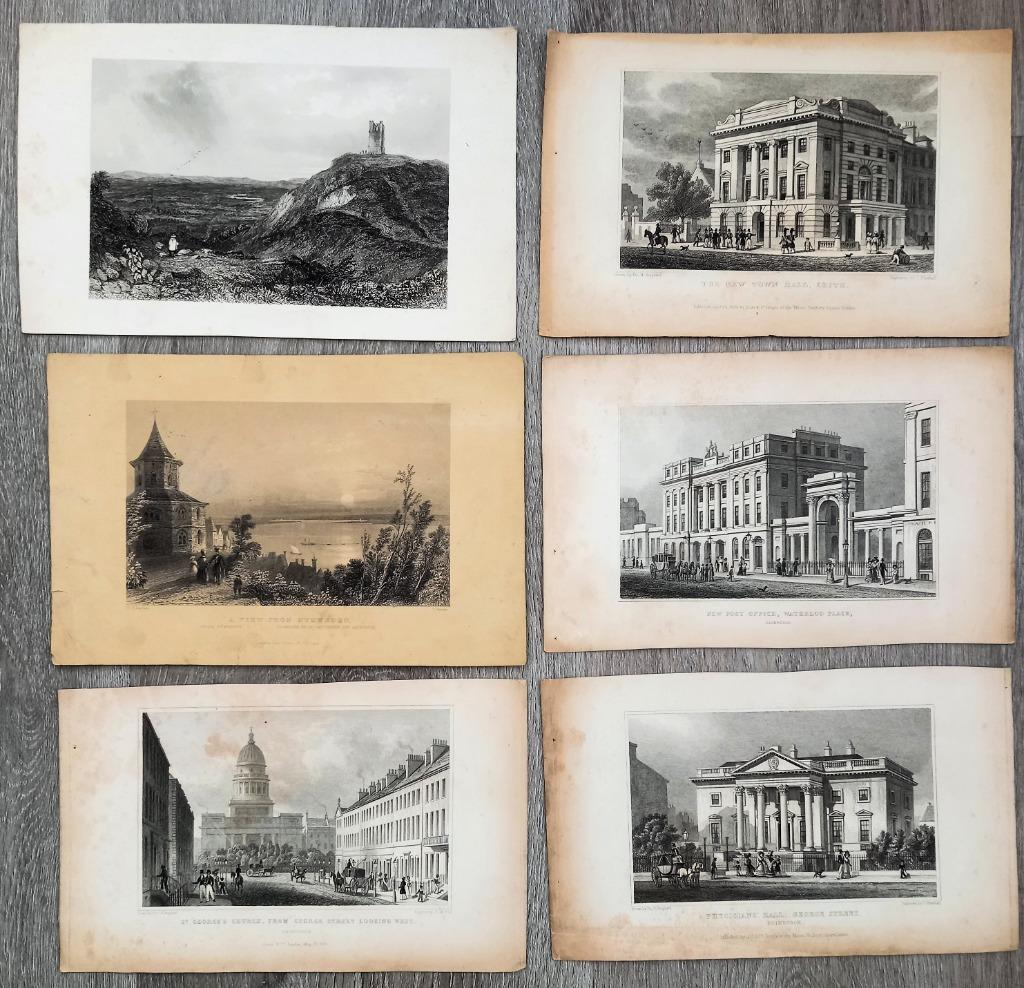 6 oude prenten waaronder Nijmegen Valkhofkapel- Edinburgh, Antiek en Kunst, Ophalen of Verzenden