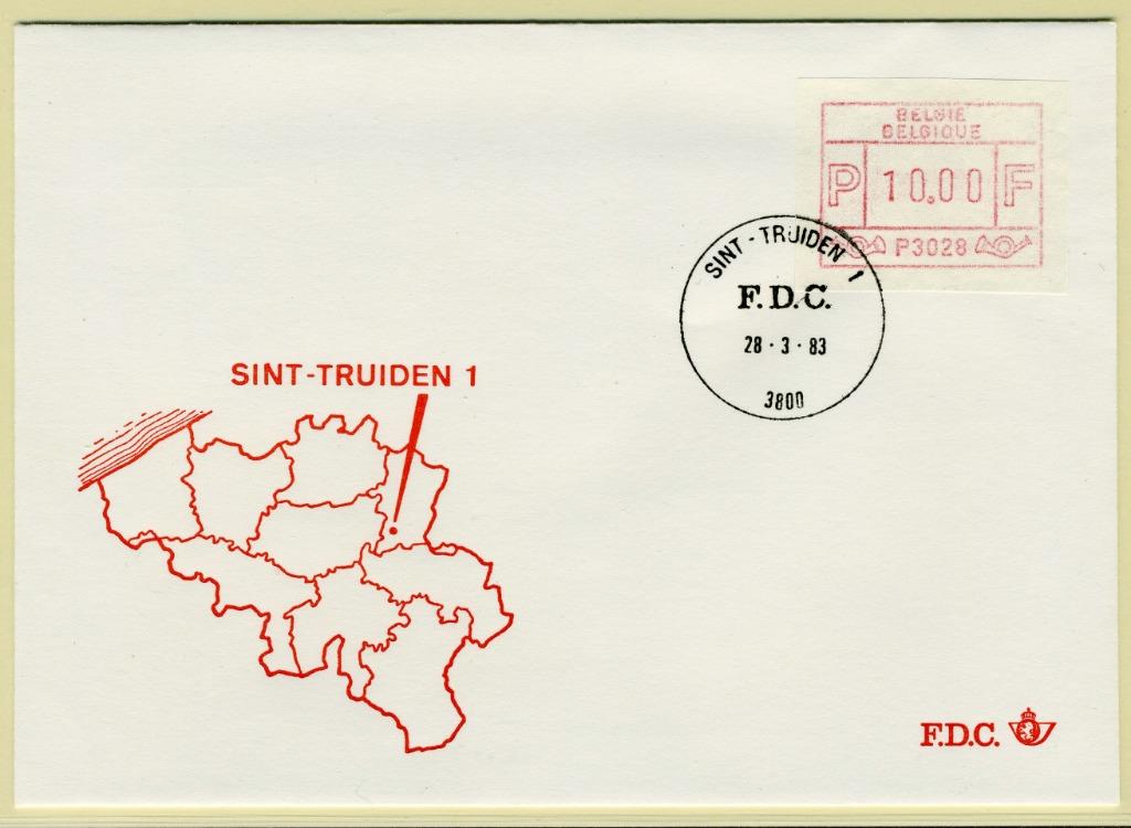 (B) Enveloppe ATM28 FDC 1983 - Sint-Truiden 1 (P3028), Enlèvement ou Envoi, Affranchi, Oblitération 1er jour