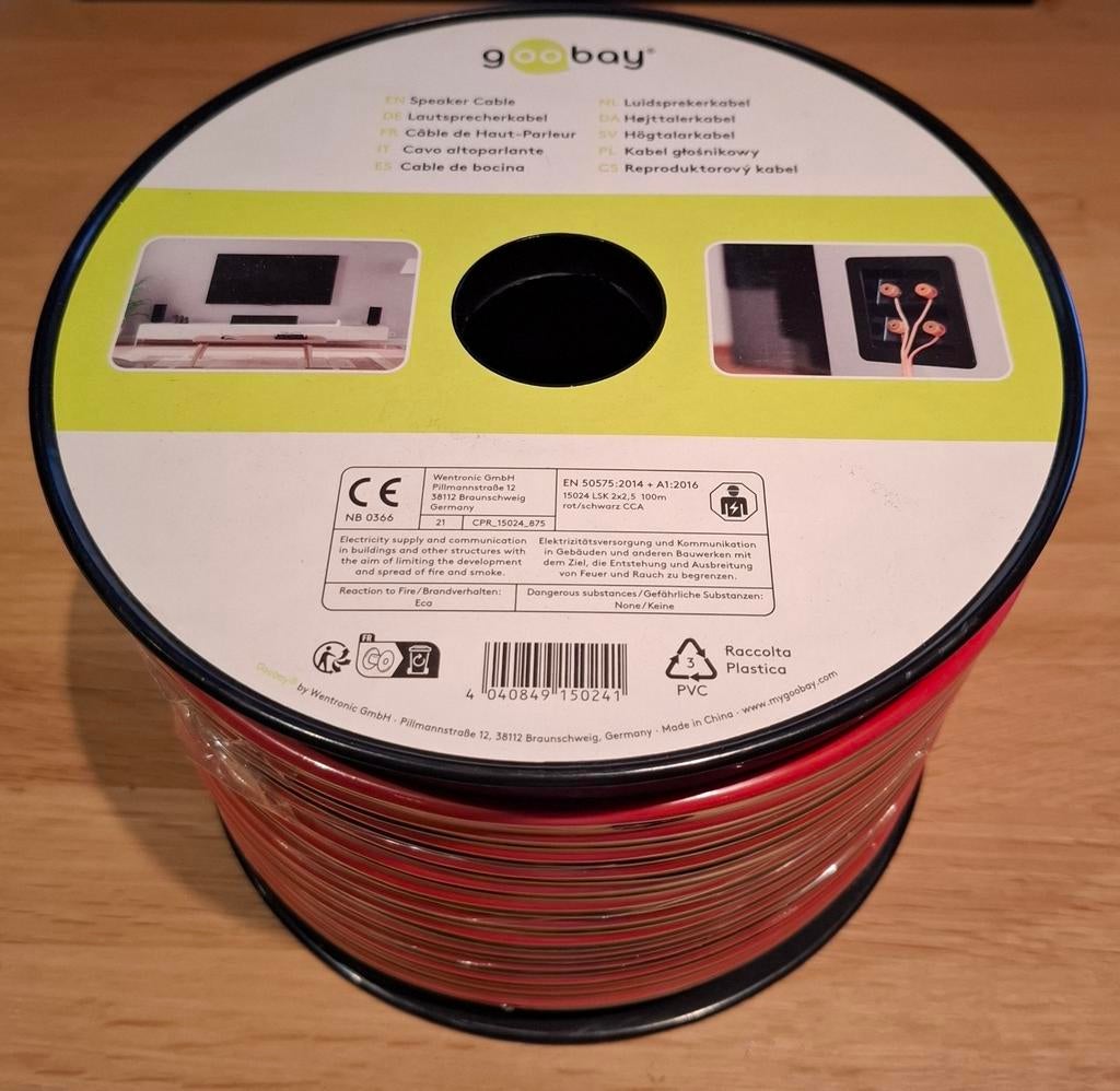 Nieuwe 100m Goobay speaker kabel zwart-rood CCA 2x2,5 mm2, Ophalen of Verzenden, Nieuw