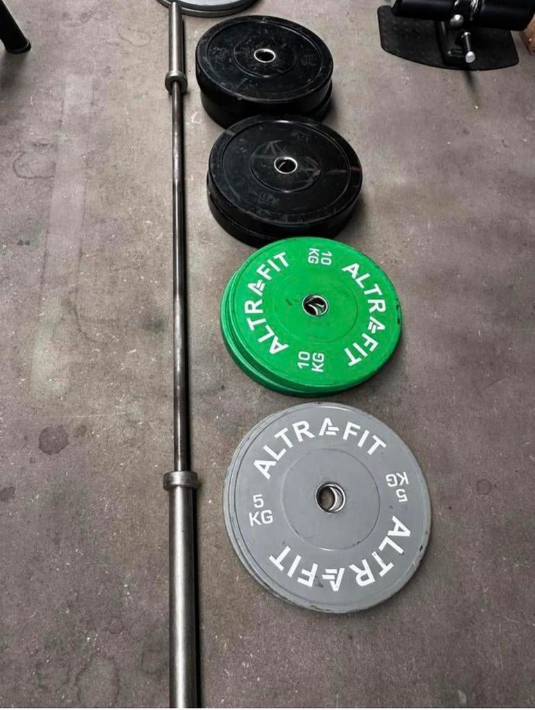 100kg Bumperplates + Olympische Barbell 220cm, Ophalen, Gebruikt, Halterschijven