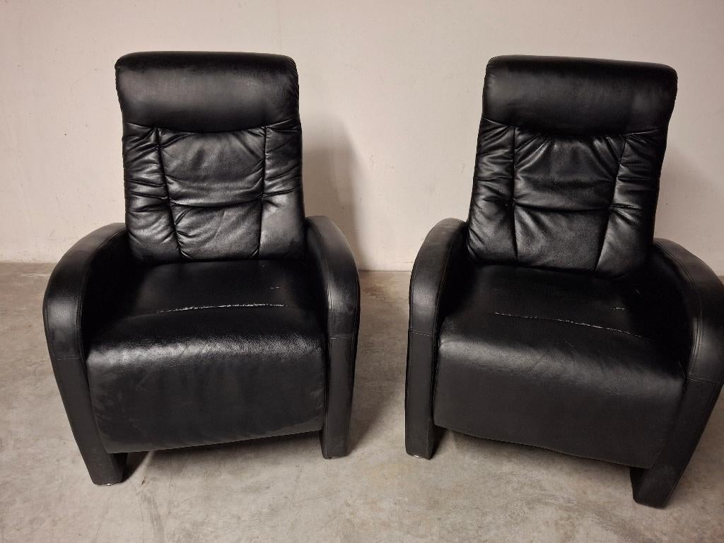 2 zwarte lederen relax zetels, Huis en Inrichting, Ophalen, Gebruikt, Leer