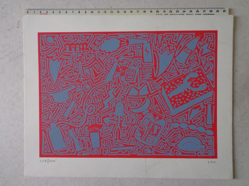 Zeefdruk naar Keith Haring Compositie in rood en blauw, Ophalen of Verzenden