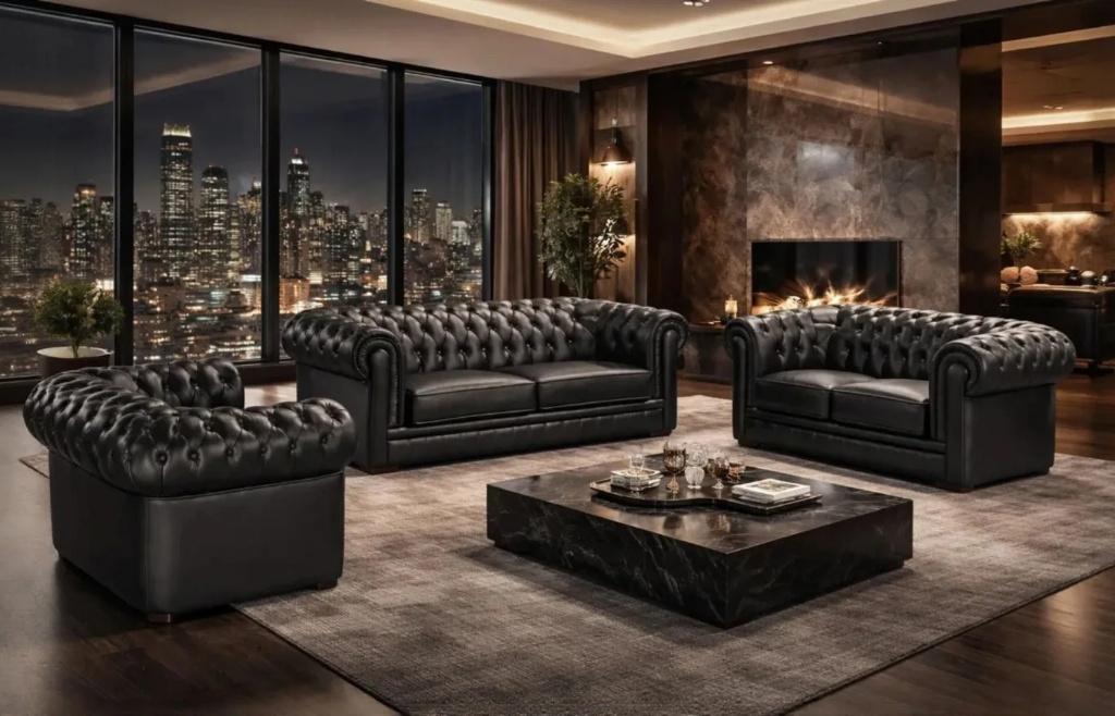 Ensemble x 3 canapés Chesterfield noir Neufs, sous emballage, Neuf, Moins de 75 cm, Enlèvement ou Envoi, Quatre personnes ou plus