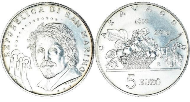 Zilveren 5 euro San Marino 2010 Caravaggio, Postzegels en Munten, Munten | Europa | Euromunten, Ophalen of Verzenden, San Marino