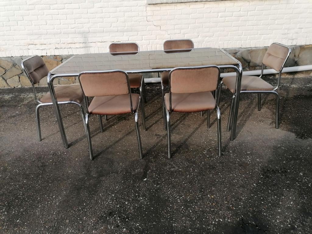 Vintage 70's....design tafel..+zes stoelen, Huis en Inrichting, Tafels | Eettafels, Ophalen of Verzenden, Glas