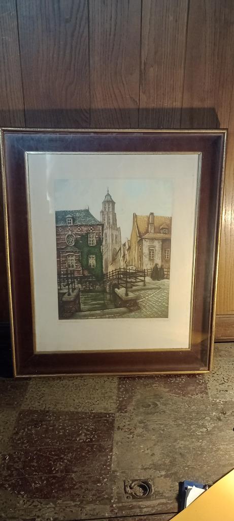 Gravure originale "Vieux pont à Lierre", signée, 69x82, n426, Antiquités & Art, Enlèvement