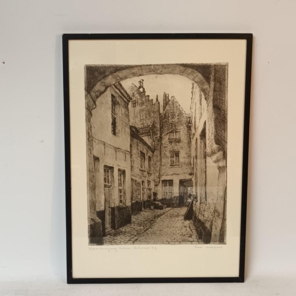 Romain Malfliet (1910-2006) -ets - Vlaaikensgang inkom - Ant, Antiek en Kunst, Kunst | Etsen en Gravures, Ophalen of Verzenden