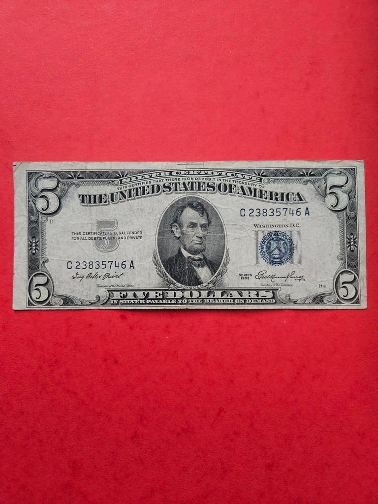5 dollars USA 1953 jaar blouwe seal, Postzegels en Munten, Bankbiljetten | Amerika, Ophalen of Verzenden, Noord-Amerika, Los biljet