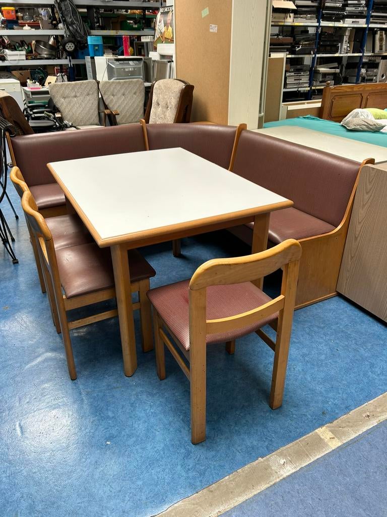 Vintage Houten Eethoek met L-Bank - Met Opbergruimte!, Huis en Inrichting, Complete eetkamers, Zo goed als nieuw, Ophalen of Verzenden