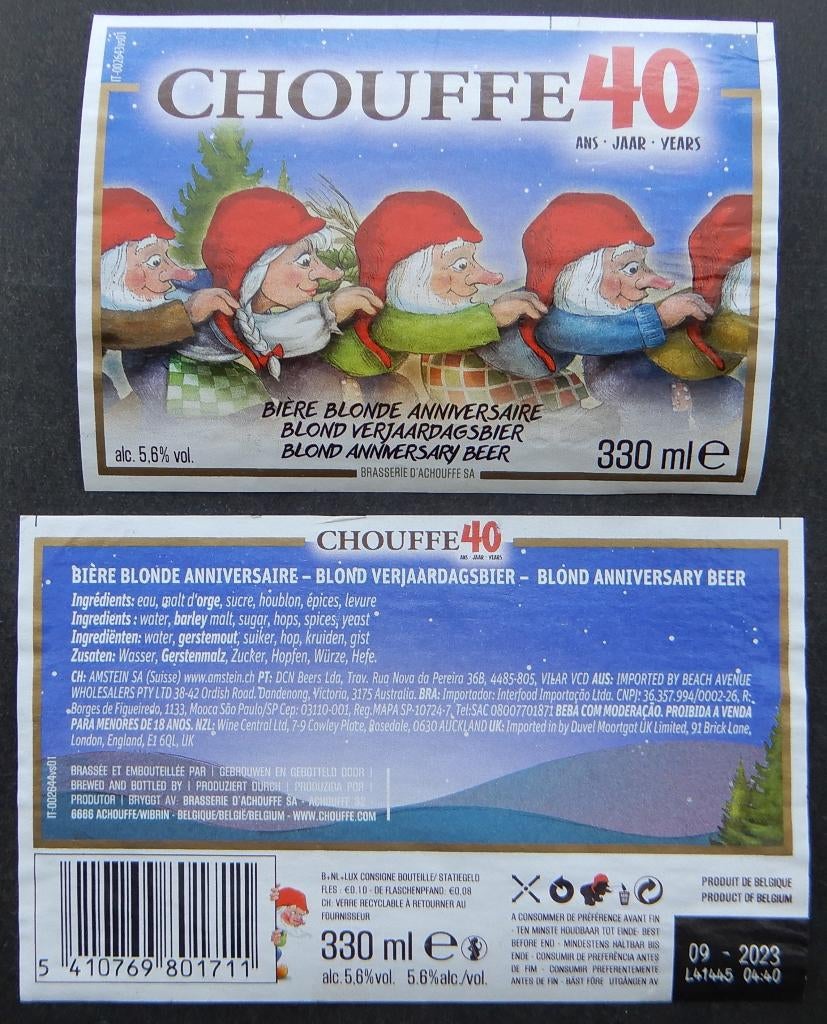 Étiquette de bière Chouffe 40 ans Brasserie d'Achouffe 13f1, Collections, Marques de bière, Utilisé, Envoi