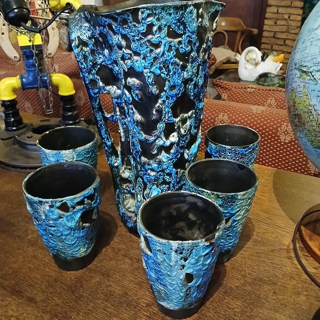 Fat Lava keramische kruik + set van 6 kopjes — Vintage, Ophalen of Verzenden