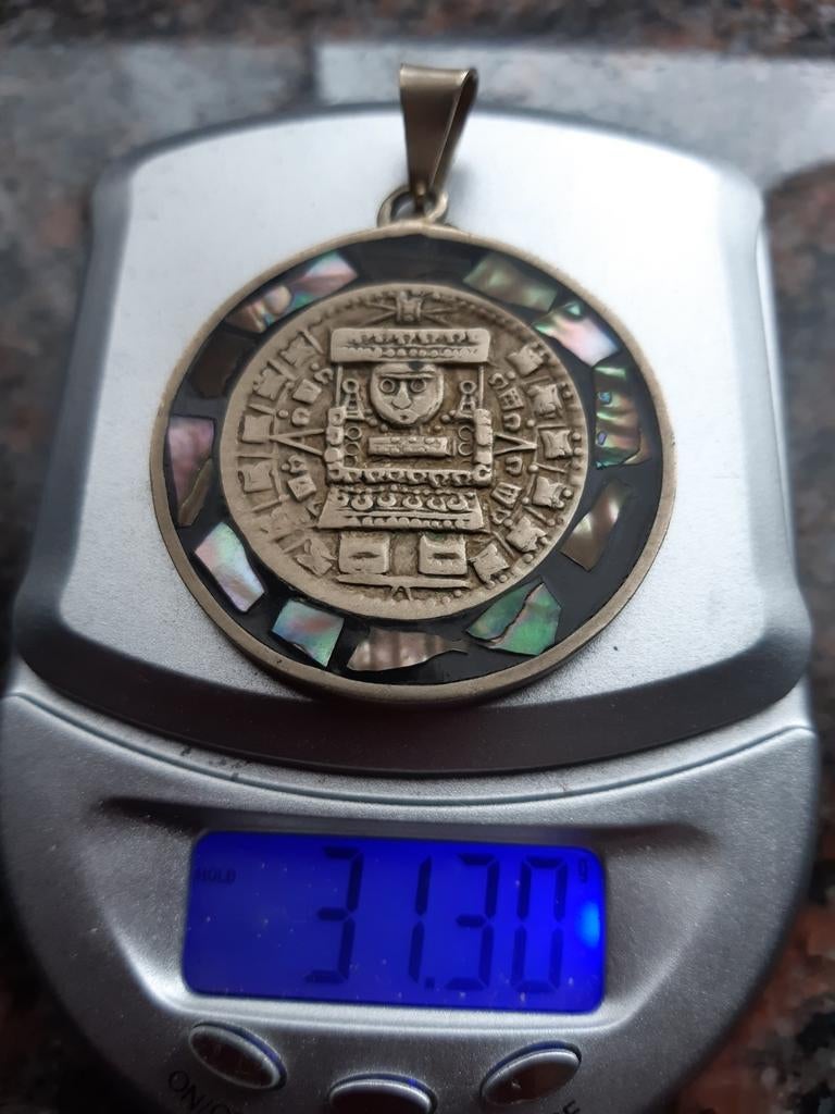 Oude zilver Maya hanger met onyx, Ophalen of Verzenden, Zilver, Zilver