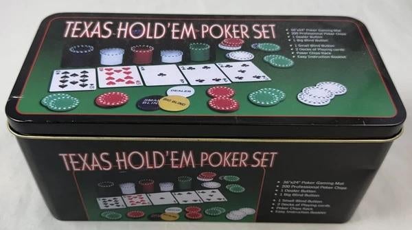 Texas Hold'em Pokerset 200 Chips Metalen Blik Speelmat spel, Vijf spelers of meer, Verzenden, Zo goed als nieuw, Onbekend