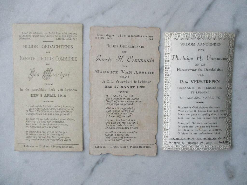3 prentjes Lebbeke communie 1919 1928 1957, Verzenden, Zo goed als nieuw, Overige typen, Christendom | Katholiek