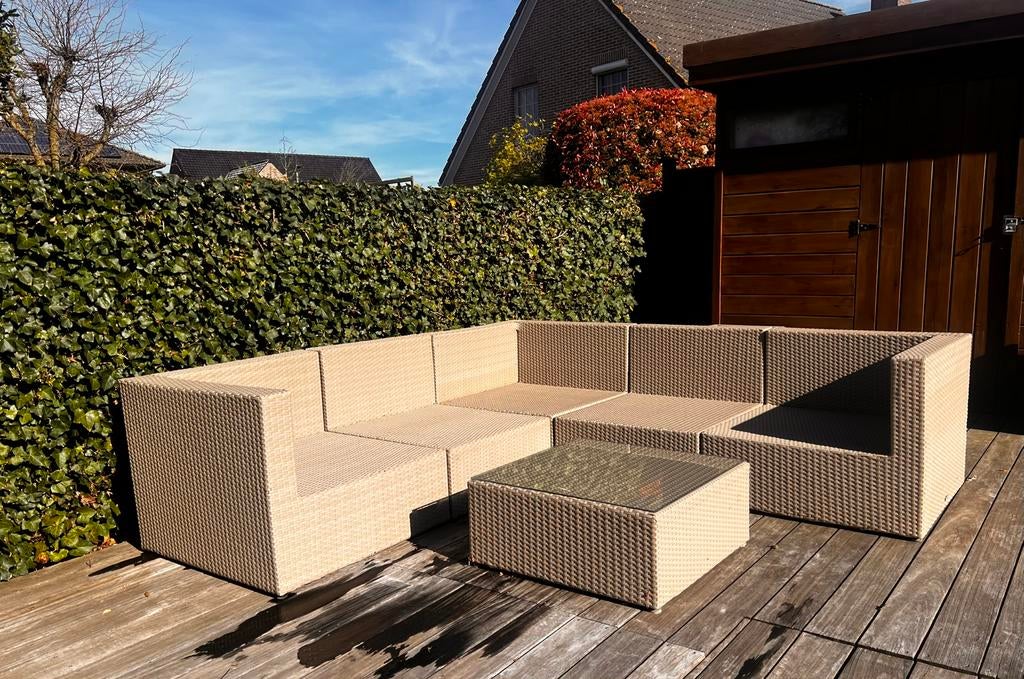 Loungeset + tafel (5pers.), Tuin en Terras, Tuinbanken, Ophalen, Zo goed als nieuw