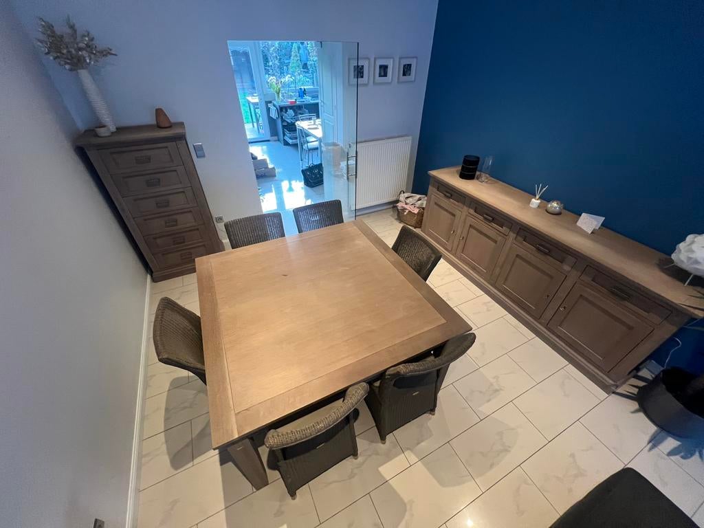 Set meubels in wit eik + 6 stoelen incl kussens, Maison & Meubles, Salles à manger complètes, Utilisé, 4 à 6 chaises, Enlèvement