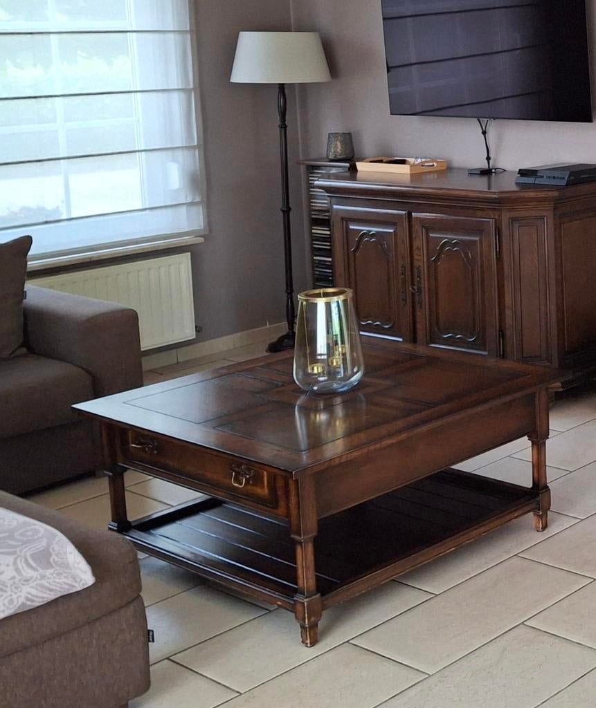 Table basse carrée classique en chêne 1 m x 1 m avec 2 tiroi, Enlèvement