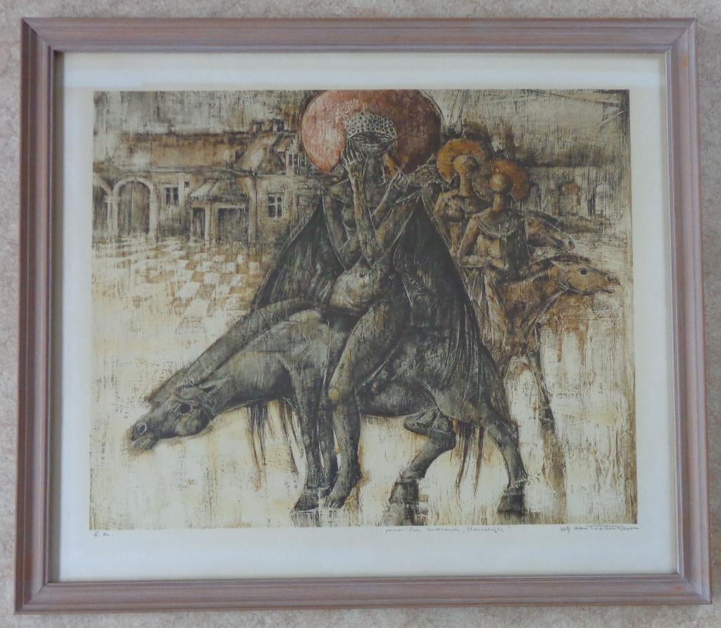 JEF VAN TUERENHOUT / RUITERS / KLEURLITHO / 71x82cm / KADER, Antiek en Kunst, Kunst | Litho's en Zeefdrukken, Ophalen