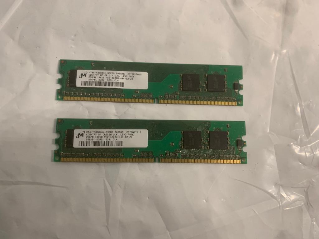Set 2× DDR2 RAM 256 MB PC2-4200U – Micron 533 MHz CL4, Computers en Software, RAM geheugen, Verzenden, DDR2, Desktop, Gebruikt