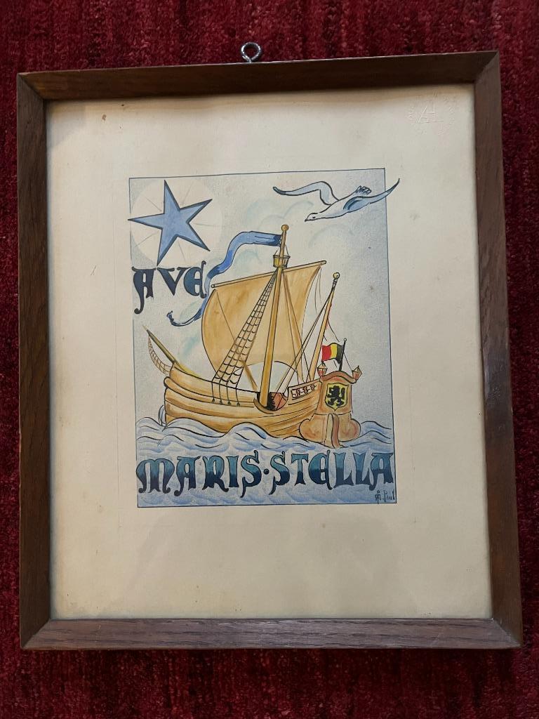 Aquarel "Ave Maris Stella"., Antiek en Kunst, Curiosa en Brocante, Ophalen of Verzenden