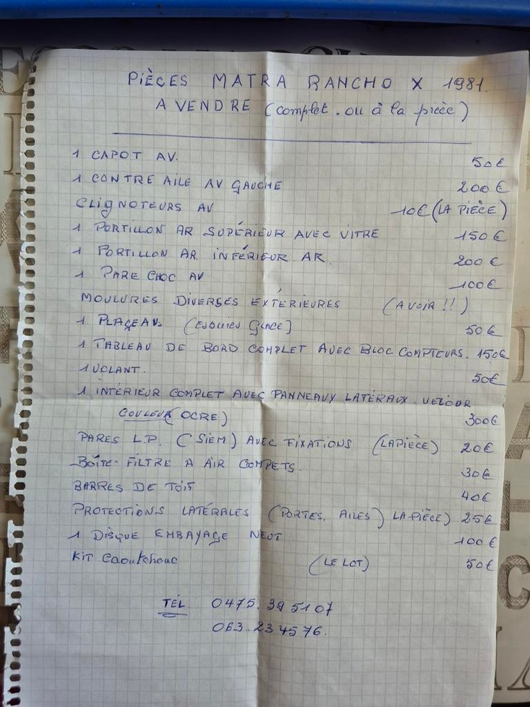 Stockonderdelen - matra rancho 1981x, Ophalen