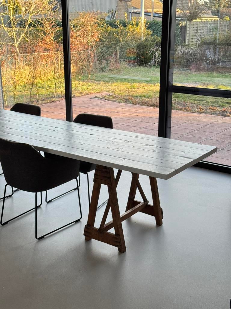 Grote eettafel met antieke schragen, Ophalen, Gebruikt, 200 cm of meer, 50 tot 100 cm