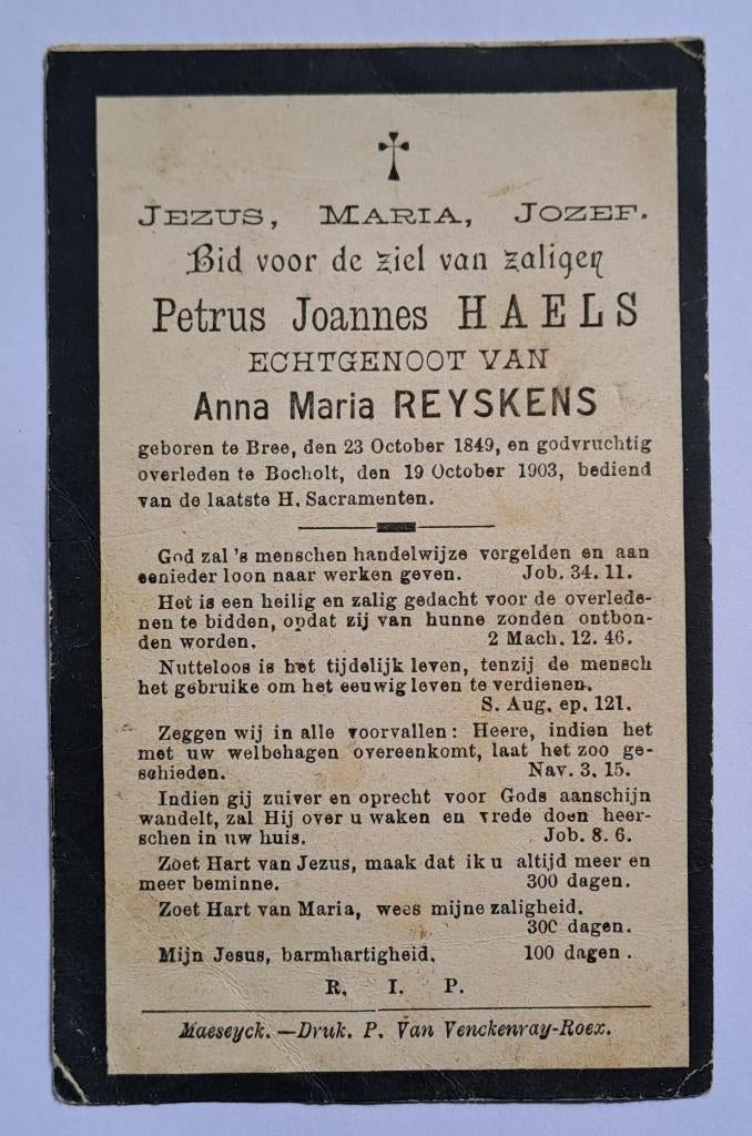 bidprentje Petrus Joannes Haels Bree 1849 en †Bocholt 1903, Verzamelen, Bidprentjes en Rouwkaarten, Verzenden, Bidprentje
