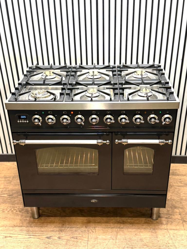 Luxe Boretti Fornuis 6 pits antraciet dubbele oven 90 cm, Elektronische apparatuur, Ovens, Hete lucht, 60 cm of meer, Ophalen of Verzenden