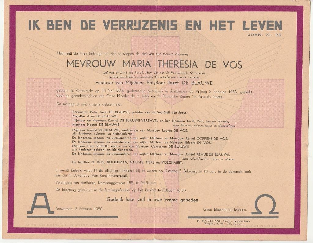 Grote doodsbrief M.T.  DE VOS De Blauwe Oosterzele Antwerpen, Verzamelen, Verzenden, Rouwkaart