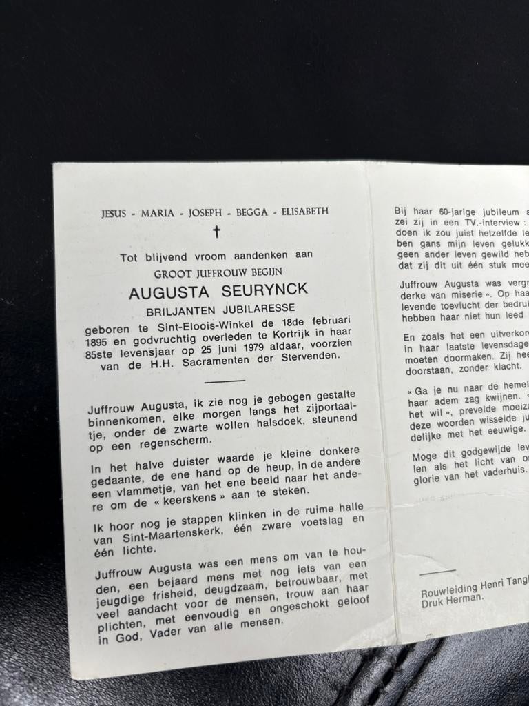 Groot Juffrouw Begijn Augusta Seurynck, Verzenden, Bidprentje