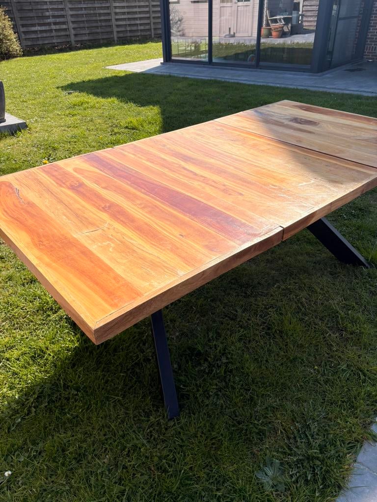 Mooie stevige tafel met zwart ijzeren onderstel, Tuin en Terras, Ophalen, Gebruikt, Rechthoekig, Metaal