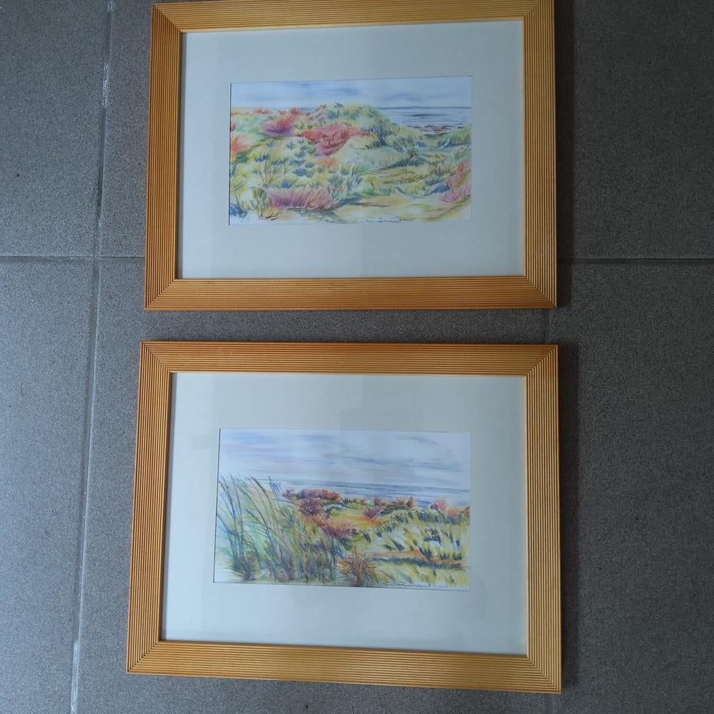 Duinen en Zee". 2 originele pasteltekeningen. Ingelijst., Ophalen of Verzenden