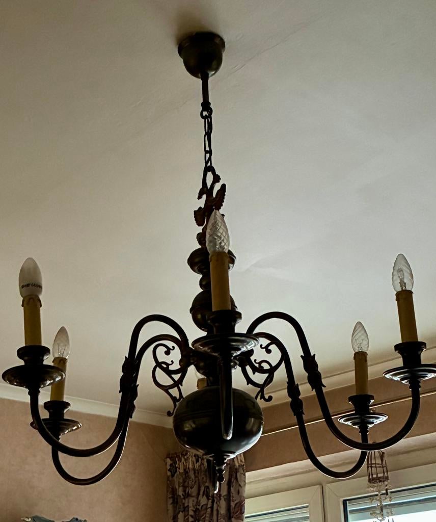 lustre vintage en laiton patiné., Enlèvement, Utilisé, Métal, Classique