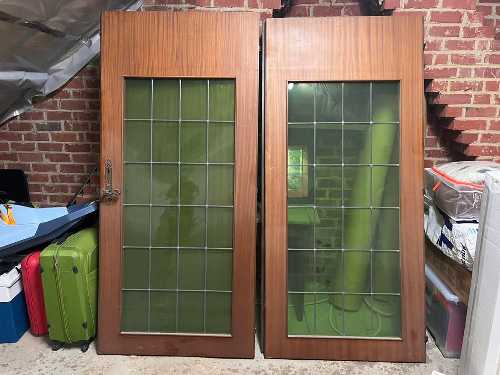 Porte double vintage en bois avec verre vert, Bricolage & Construction, Porte intérieure, Enlèvement, Utilisé, Verre