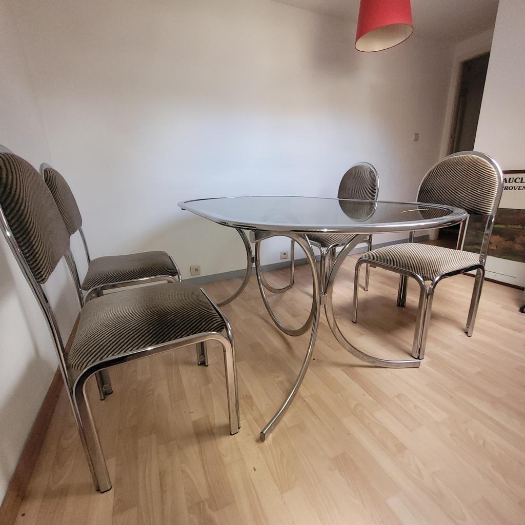 Salle à manger Vintage complète en chrome&verre trempé&fumé, Enlèvement, Comme neuf
