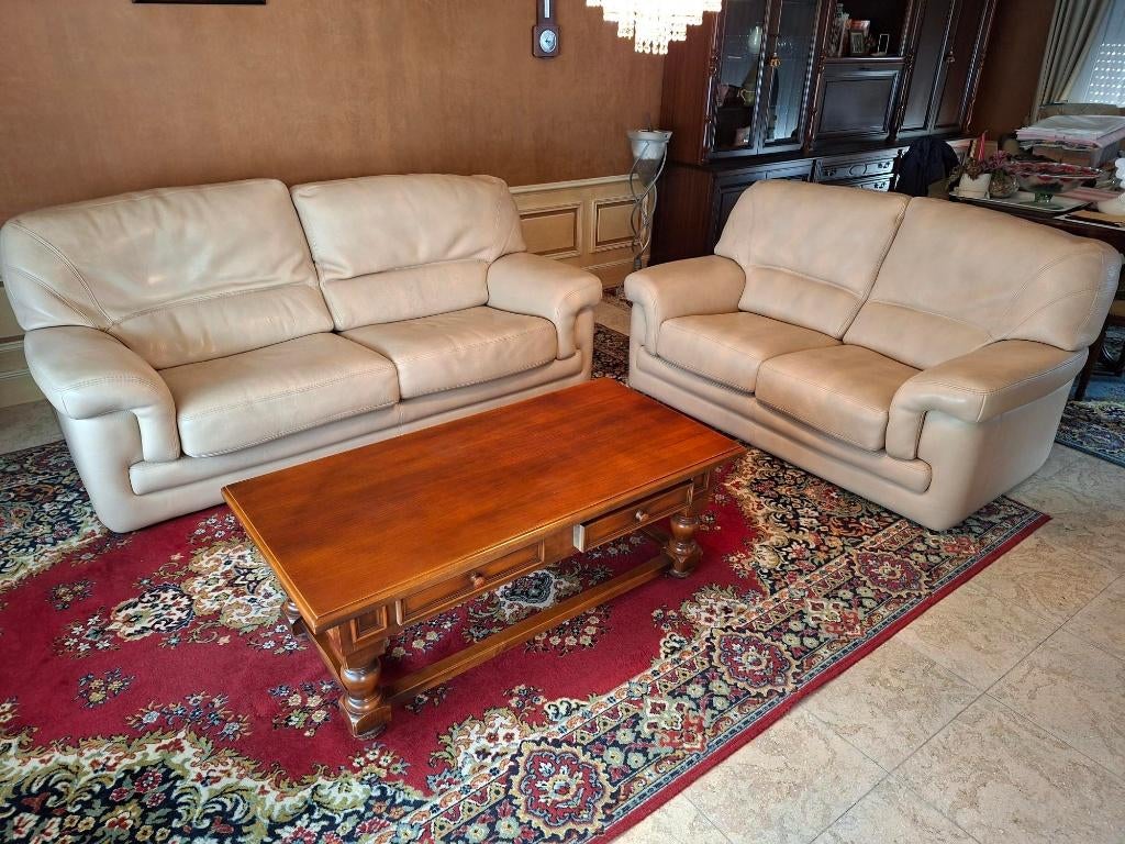 Lederen salon 2+3-zit (beige), Huis en Inrichting, Zetels | Zetels, Ophalen, Gebruikt, Klassiek, Leer