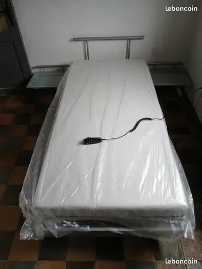 Lit complet électrique 200x 90 avec matelas et tête de lit, Maison & Meubles, Neuf, 90 cm, Gris, Une personne