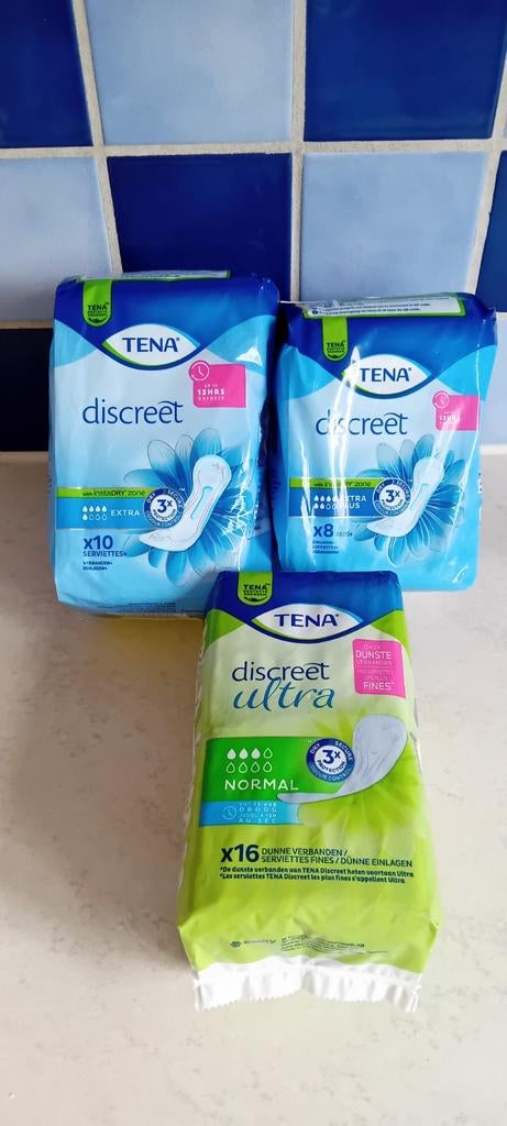 3 paquets de serviettes Tena discreet 12 h de protection, Divers, Matériel Infirmier, Enlèvement ou Envoi, Neuf