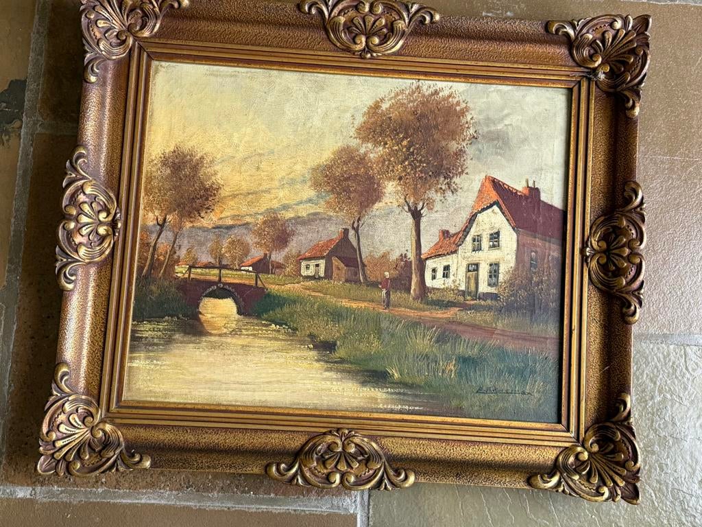 Mooi olieverfschilderij landschap met brug 54x64cm met kader, Antiek en Kunst, Kunst | Schilderijen | Klassiek, Ophalen